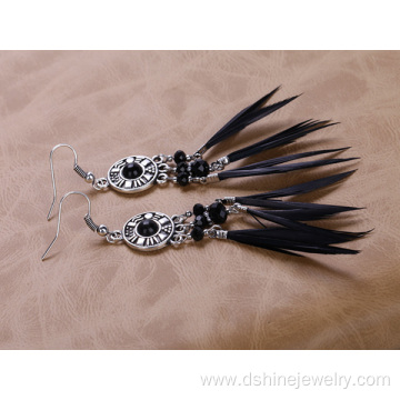 Black Feather Earrings Alloy Pendant Crystal Hook Earrings